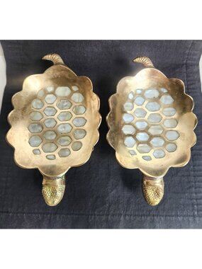 One~Brass Turtle Tortoise W/ Inlaid MOP Valet Coin Change Trinke Dish Tray